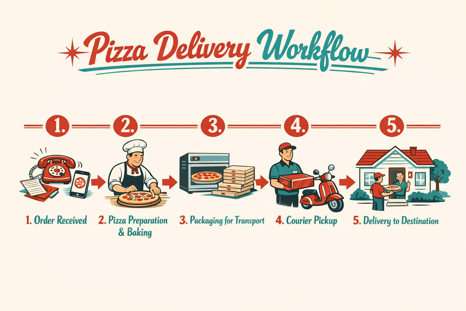 Pizza delivery workflow diagram showing 5 steps